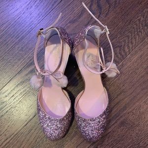Kate Spade Abigail Rose Gold Glitter/ Nappa pumps w/faux-fur pom-pom sz 10 $328